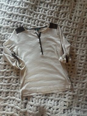 Lauren Ralph Lauren Cream Henley style with Brown leather Trim